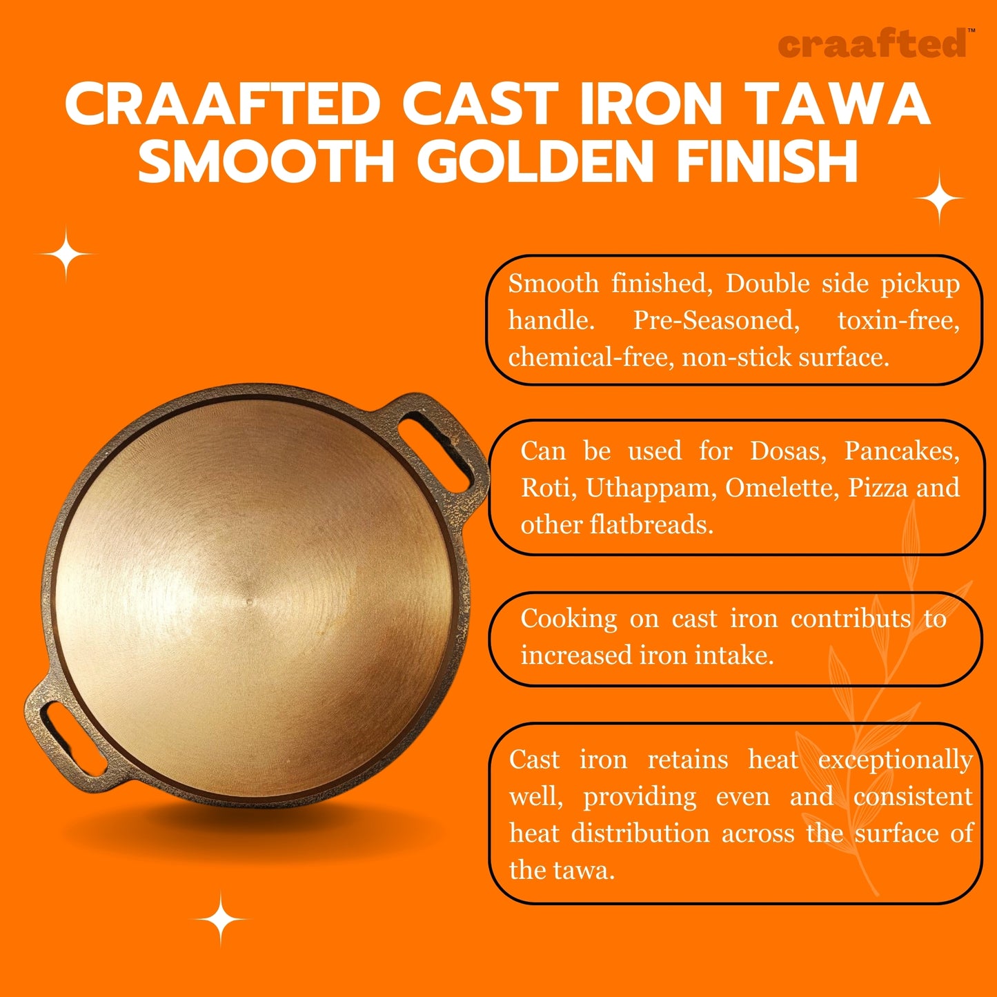Smooth Golden Finish Cast Iron Roti/Chapati/Dosa Kallu Tawa with Iron Ladle \ 12 inch