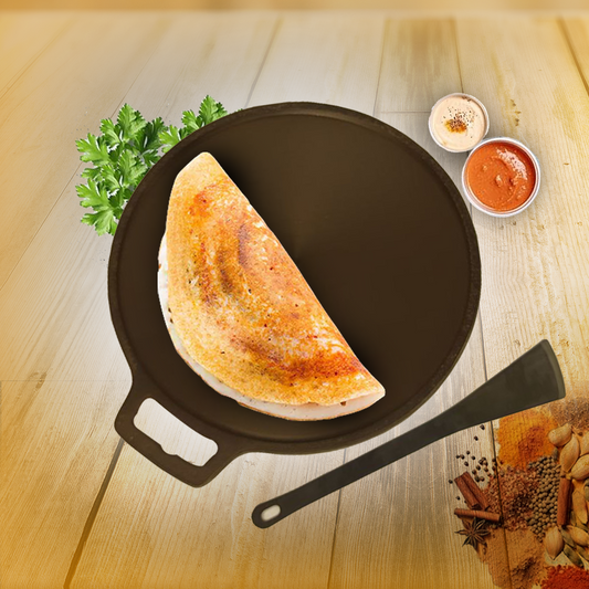 Smooth Golden Finish Cast Iron Roti/Chapati/Dosa Kallu Tawa with Iron Ladle | 11 inch