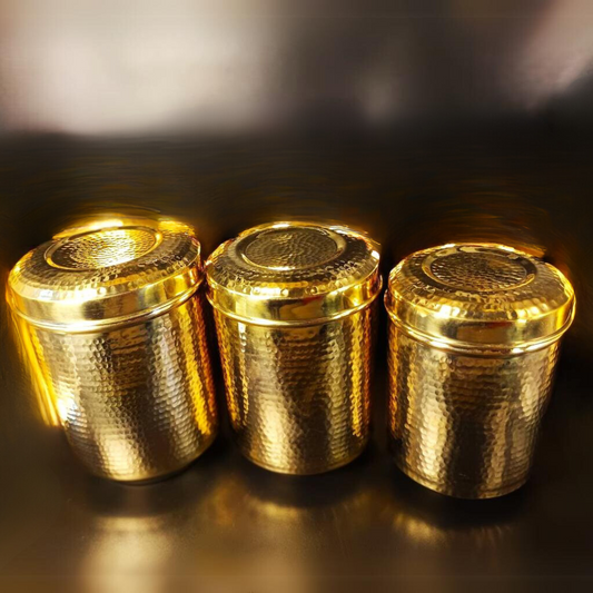 Handmade Traditional Hammered Pure Brass Pital Kitchen Storage Container 1,2,3 | Brass Storage Container | Brass Deep Dabba