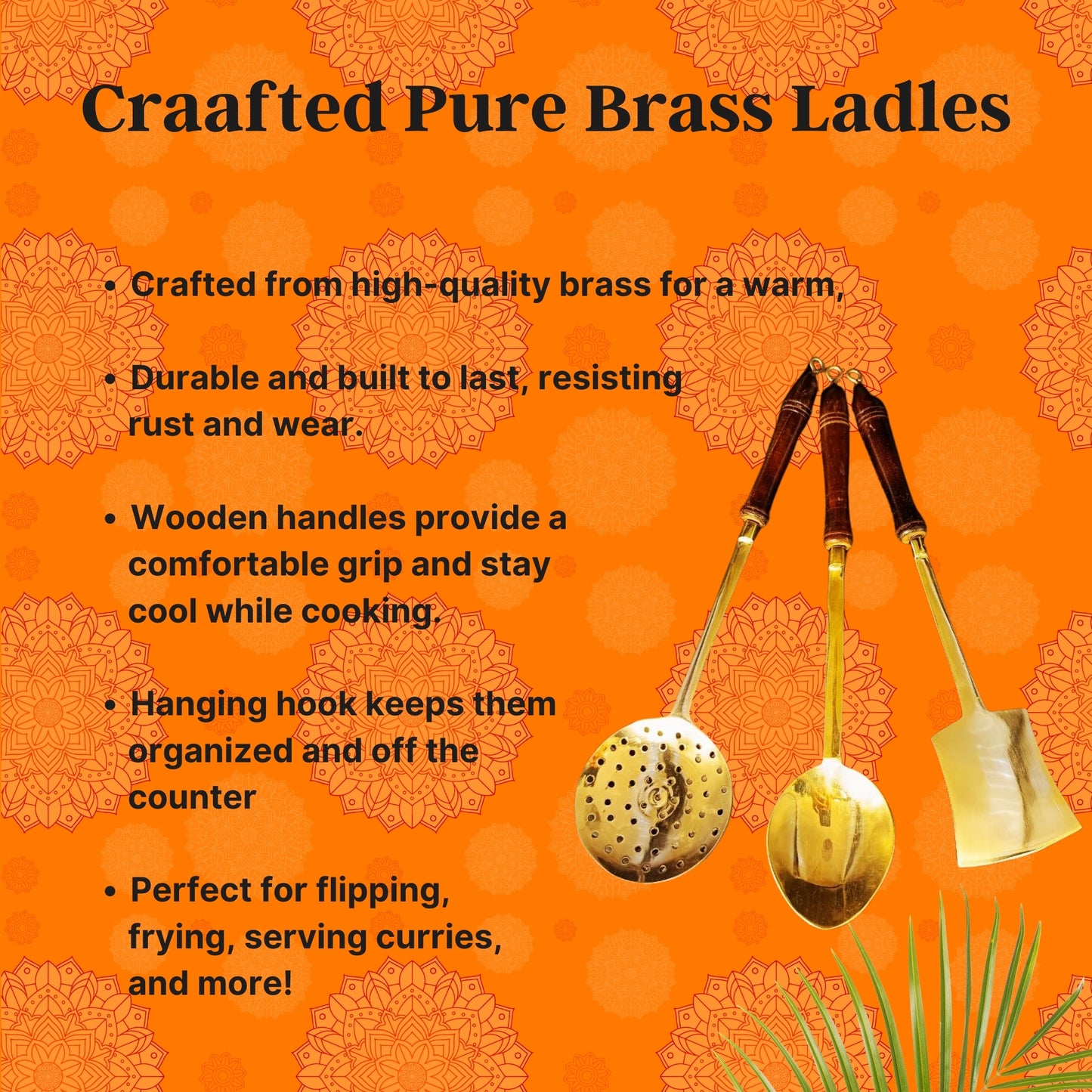 Set of 3 Pure Brass Ladles with Wooden Handle