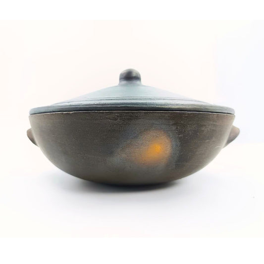 1 Liter Premium Handcrafted Clay Kadai with Lid for Cooking and Serving. Color: Black