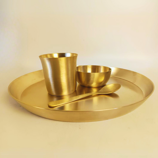 Kansa Thali Plate 12 Inch | Glass | Katori | Spoon - Matte Finish