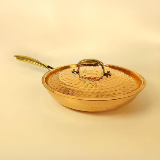 1 Liter Pure Copper Hammered Frying Pan with Tin Coating Inner Side | Kalai | with Lid.