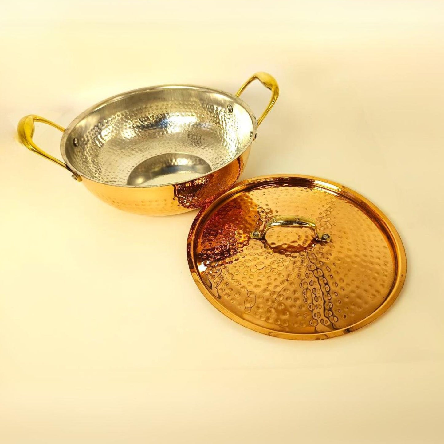 1.5 Liter Pure Copper Hammered Kadai / Kadhai with Tin Coating Inner Side | Kalai | with Lid.