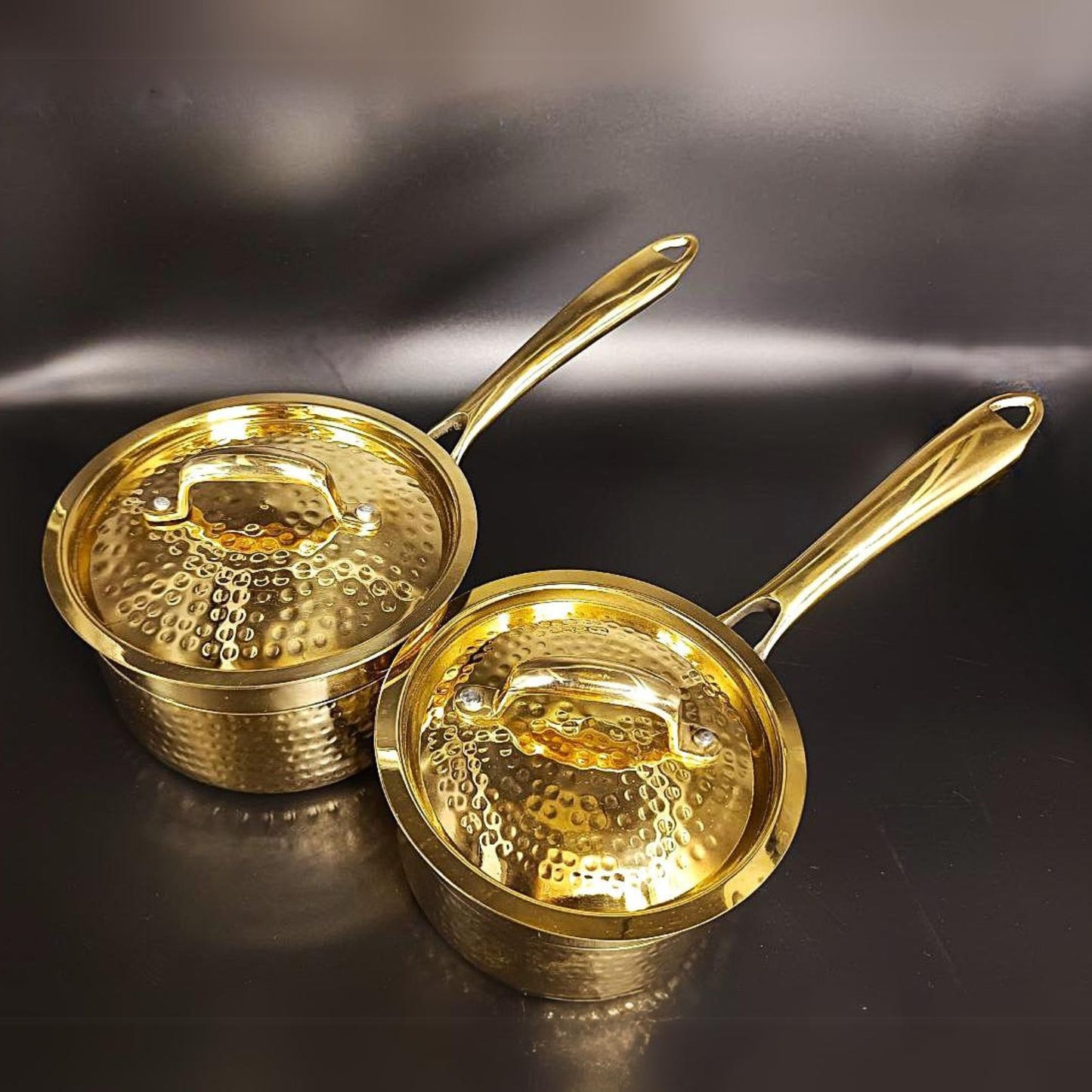 Set of 2 (1 & 1.5 Liter) Pure Brass Saucepan Hammered with Tin Coating Inner Side | Kalai | with Lid.