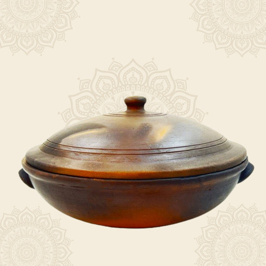 2 Liter Premium Handcrafted Clay Kadai | Handi with Lid for Cooking and Serving. Color: Black