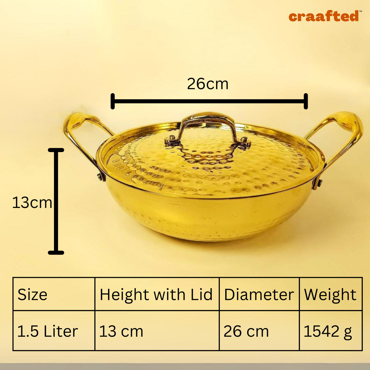 1.5 Liter Pure Brass Hammered Kadai / Kadhai with Tin Coating Inner Side | Kalai | with Lid.