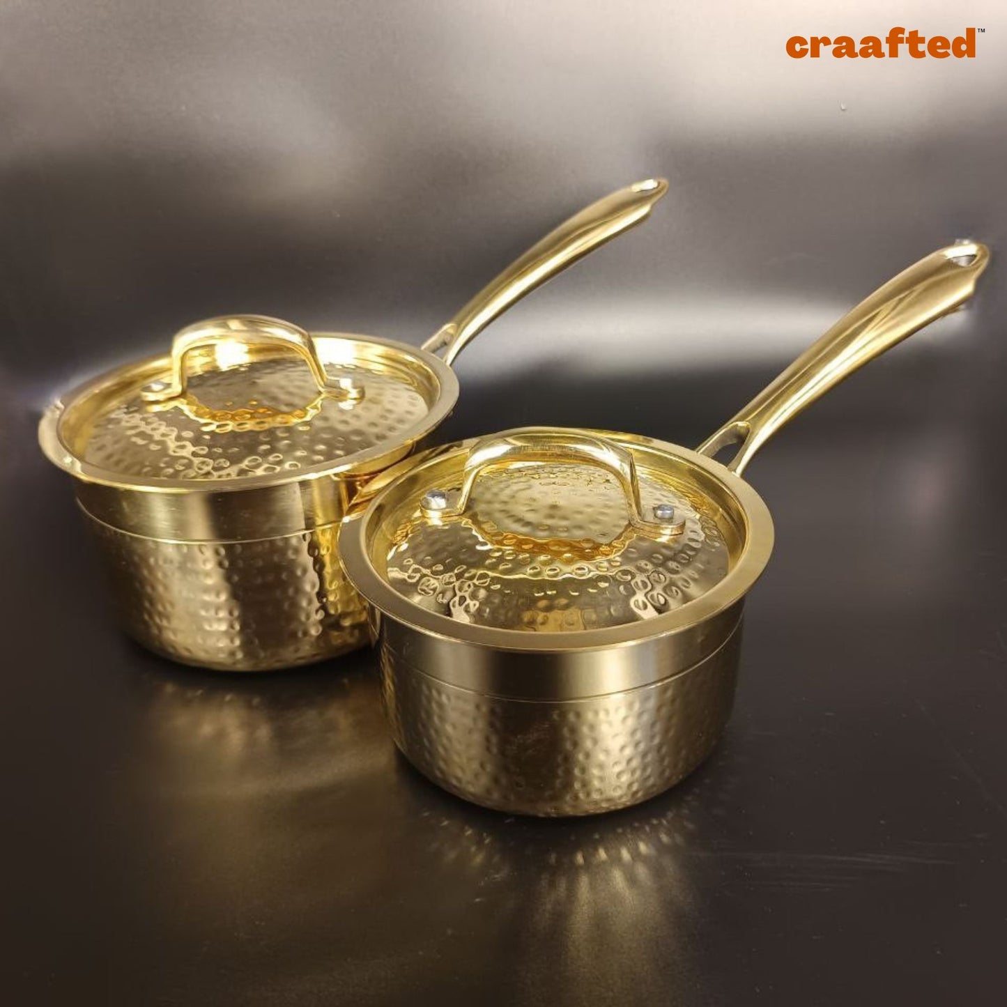 Set of 2 (1 & 1.5 Liter) Pure Brass Saucepan Hammered with Tin Coating Inner Side | Kalai | with Lid.