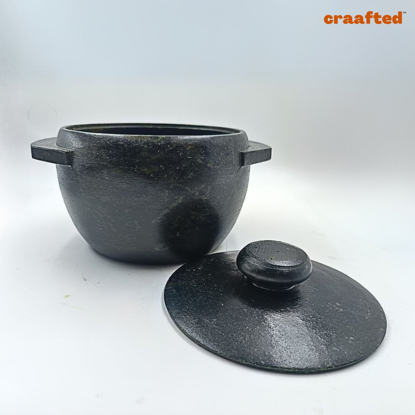 2.3 – 2.5 liter Cook & Serve Pot Handmade Natural Soapstone / Kalchatti | Open Fire and Gas Stove Compatible | Pre-Seasoned | With Lid