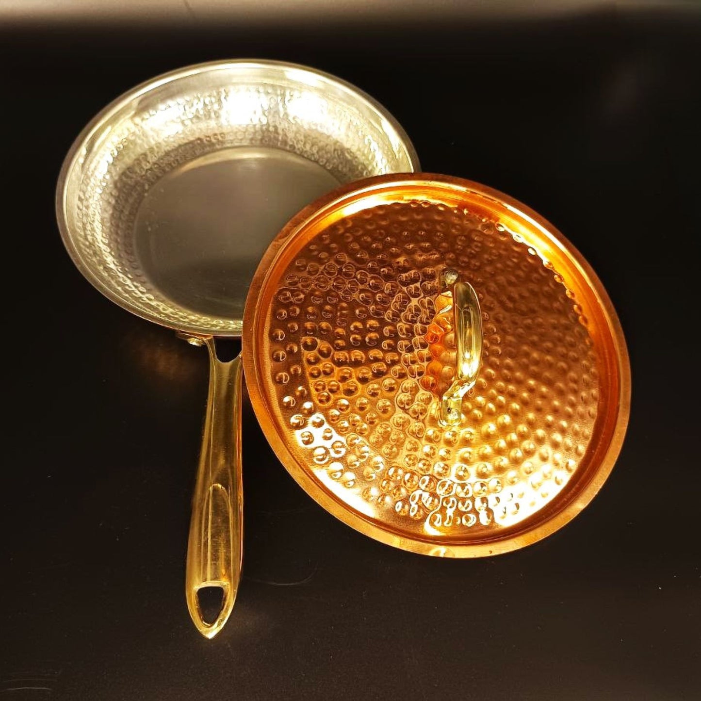 1 Liter Pure Copper Hammered Frying Pan with Tin Coating Inner Side | Kalai | with Lid.