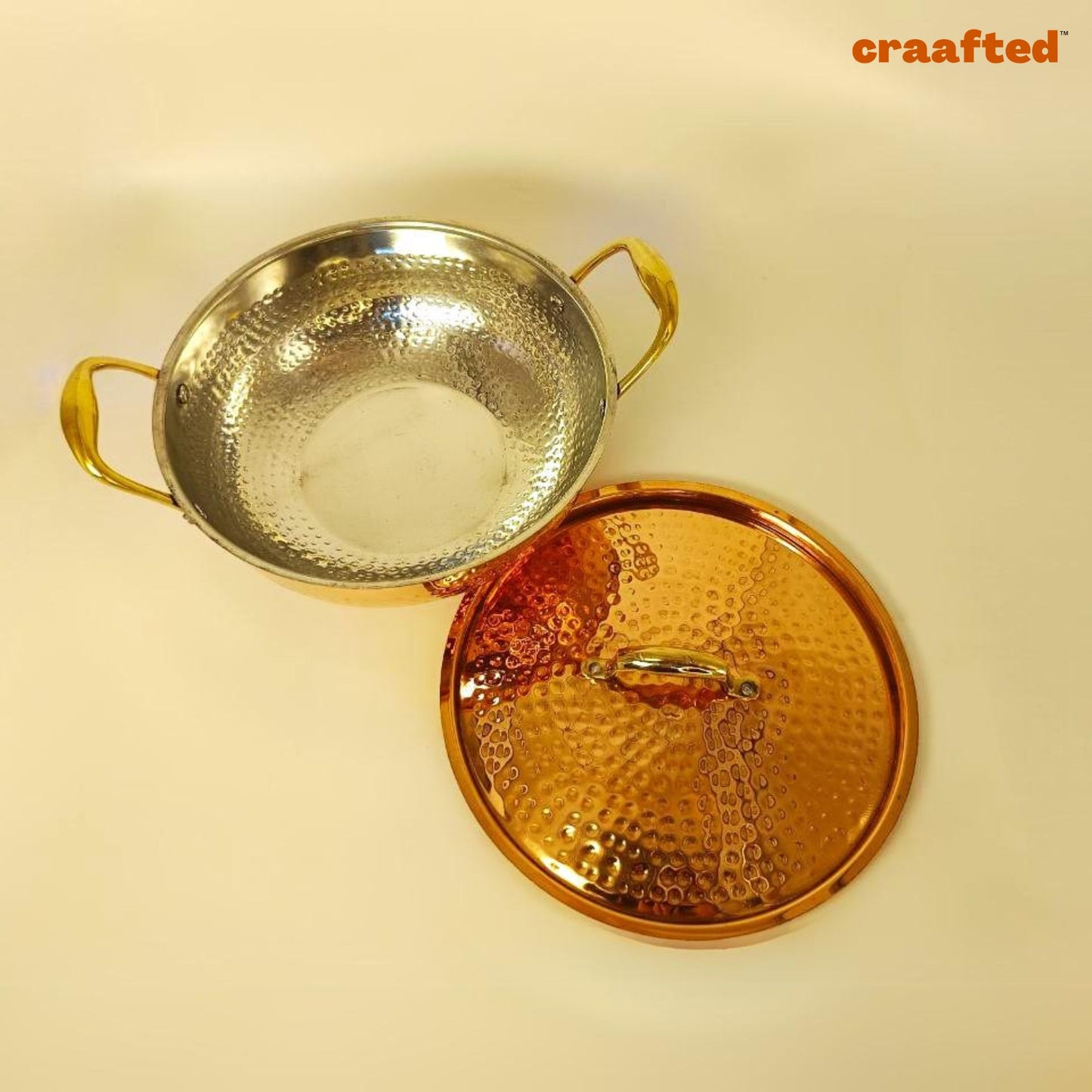 1.5 Liter Pure Copper Hammered Kadai / Kadhai with Tin Coating Inner Side | Kalai | with Lid.