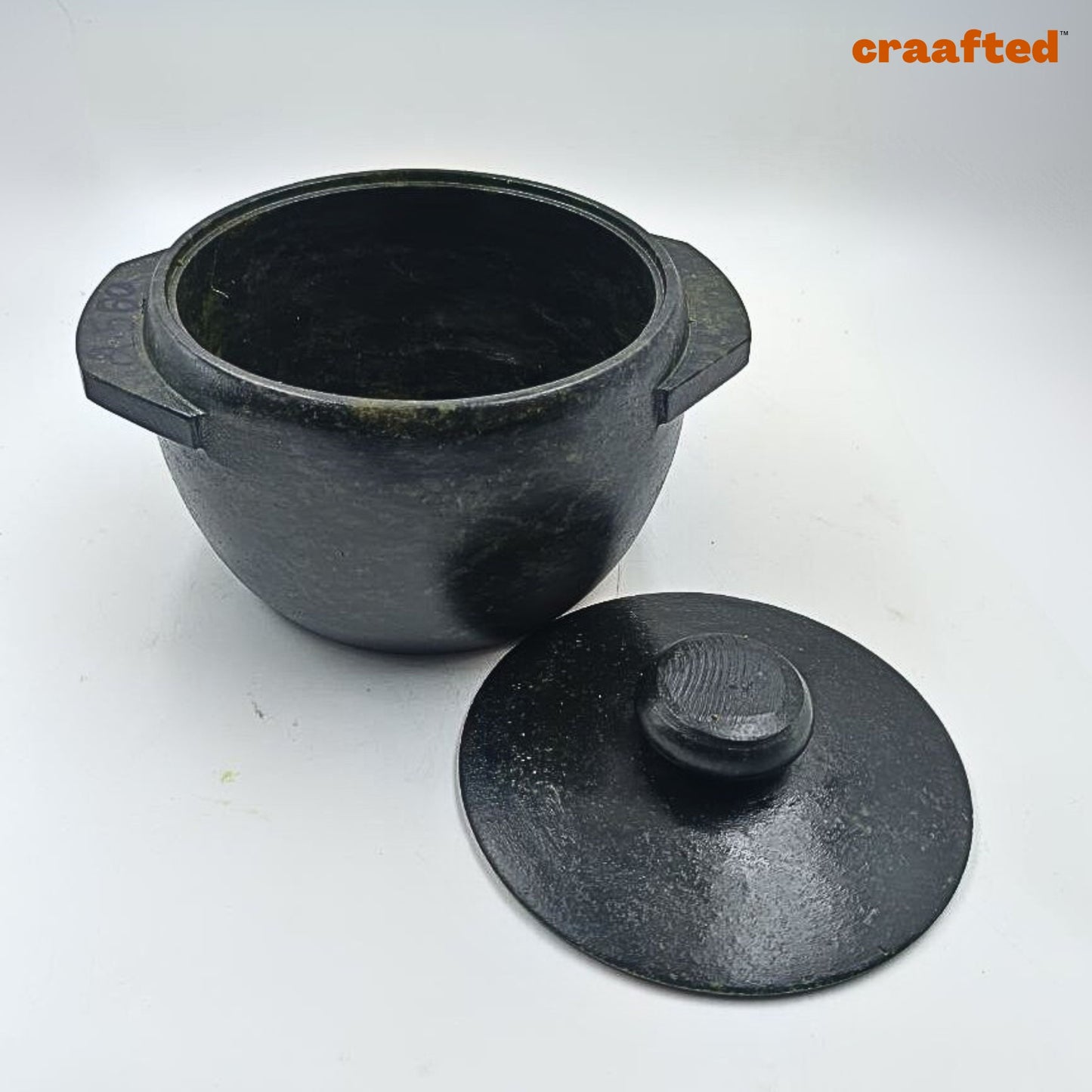 2.3 – 2.5 liter Cook & Serve Pot Handmade Natural Soapstone / Kalchatti | Open Fire and Gas Stove Compatible | Pre-Seasoned | With Lid