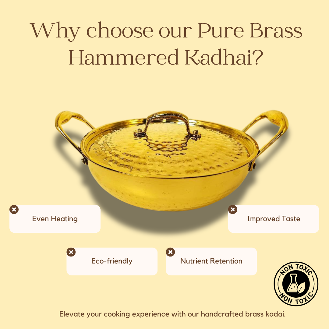 1.5 Liter Pure Brass Hammered Kadai / Kadhai with Tin Coating Inner Side | Kalai | with Lid.