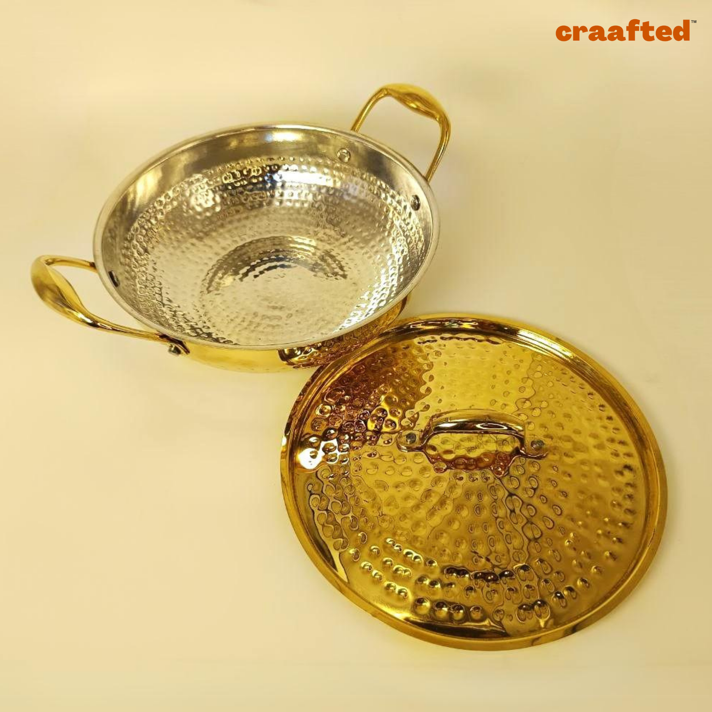 1.5 Liter Pure Brass Hammered Kadai / Kadhai with Tin Coating Inner Side | Kalai | with Lid.