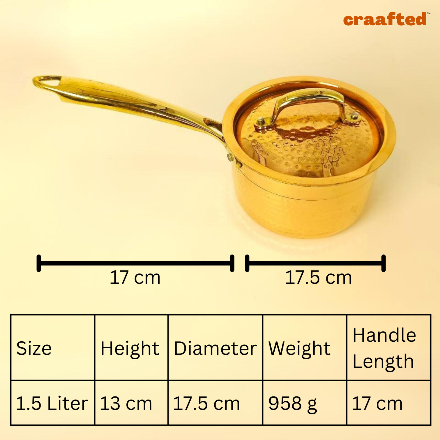 1.5 Liter Pure Copper Saucepan Hammered with Tin Coating Inner Side | Kalai | with Lid.