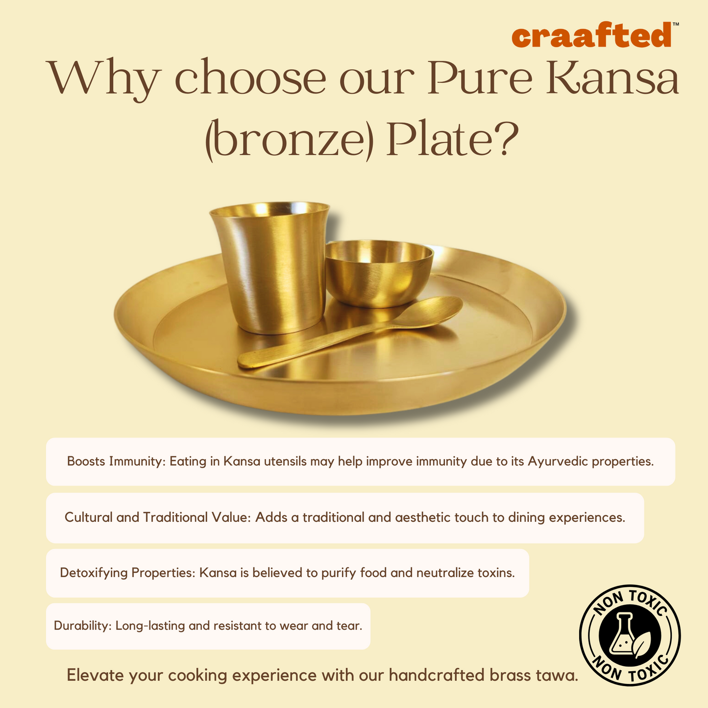 Kansa Thali Plate 12 Inch | Glass | Katori | Spoon - Matte Finish