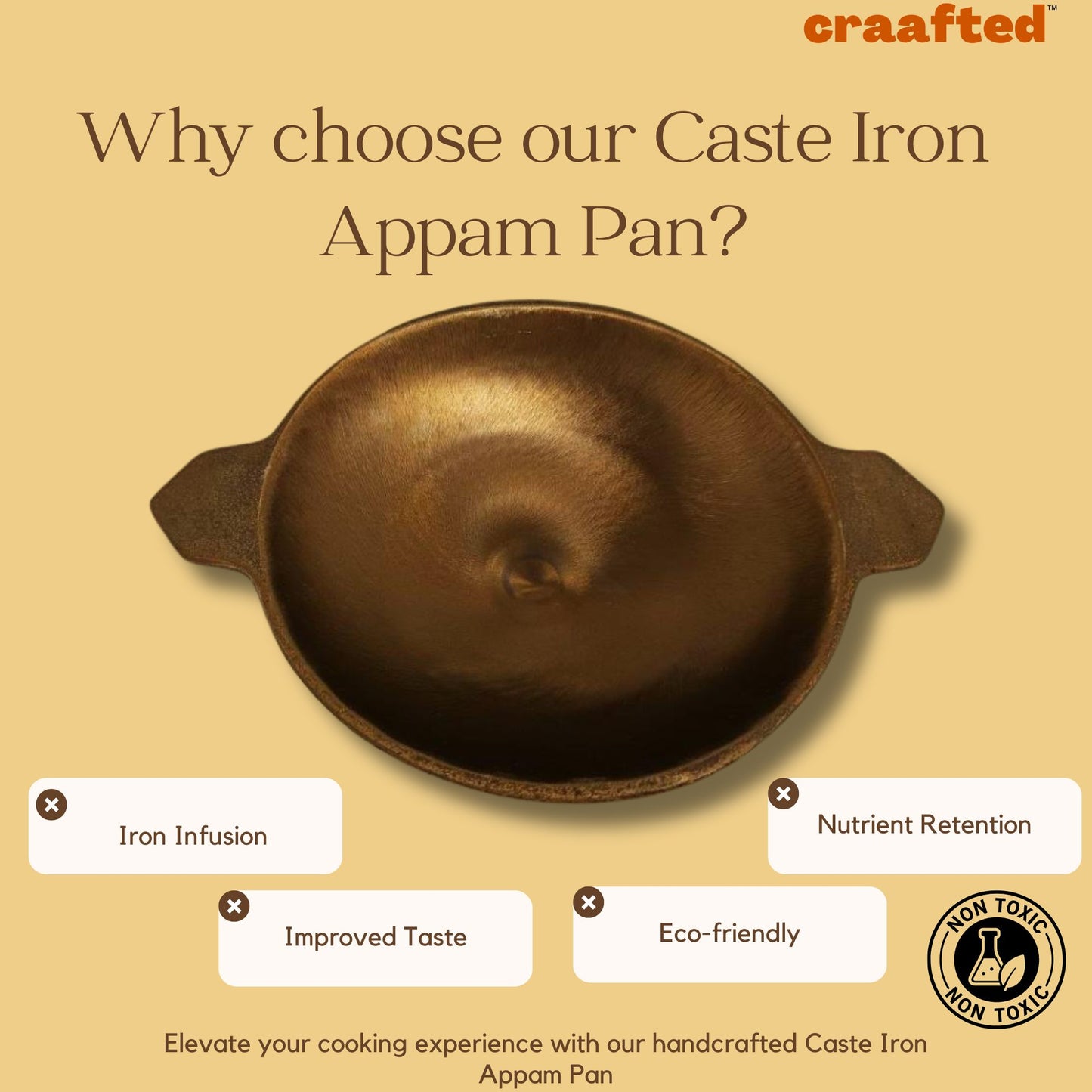 Cast Iron Appa Chatti / Appam Pan with Double Handle 9 inch.