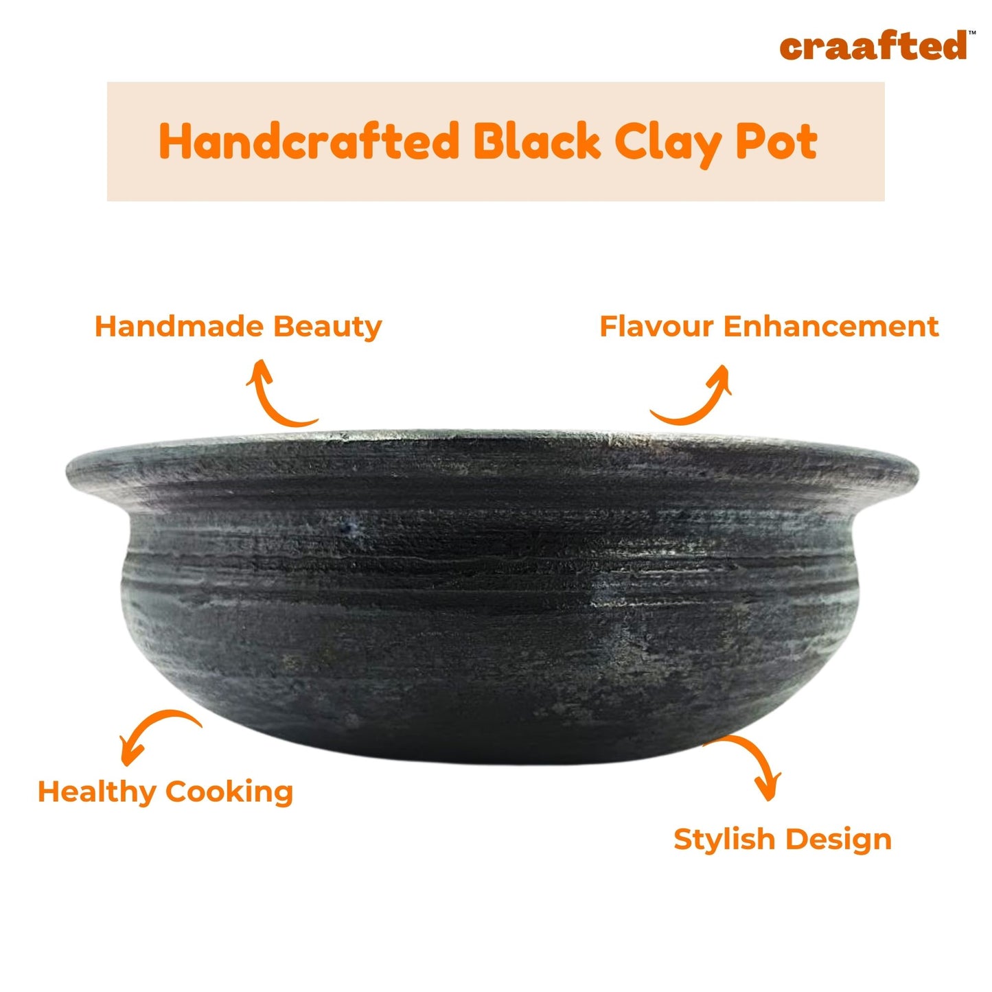 2.5Liter Handcrafted Clay Pan/Pot/Kadai/Earthen/Mud/Mitti Handi - Colour: Black