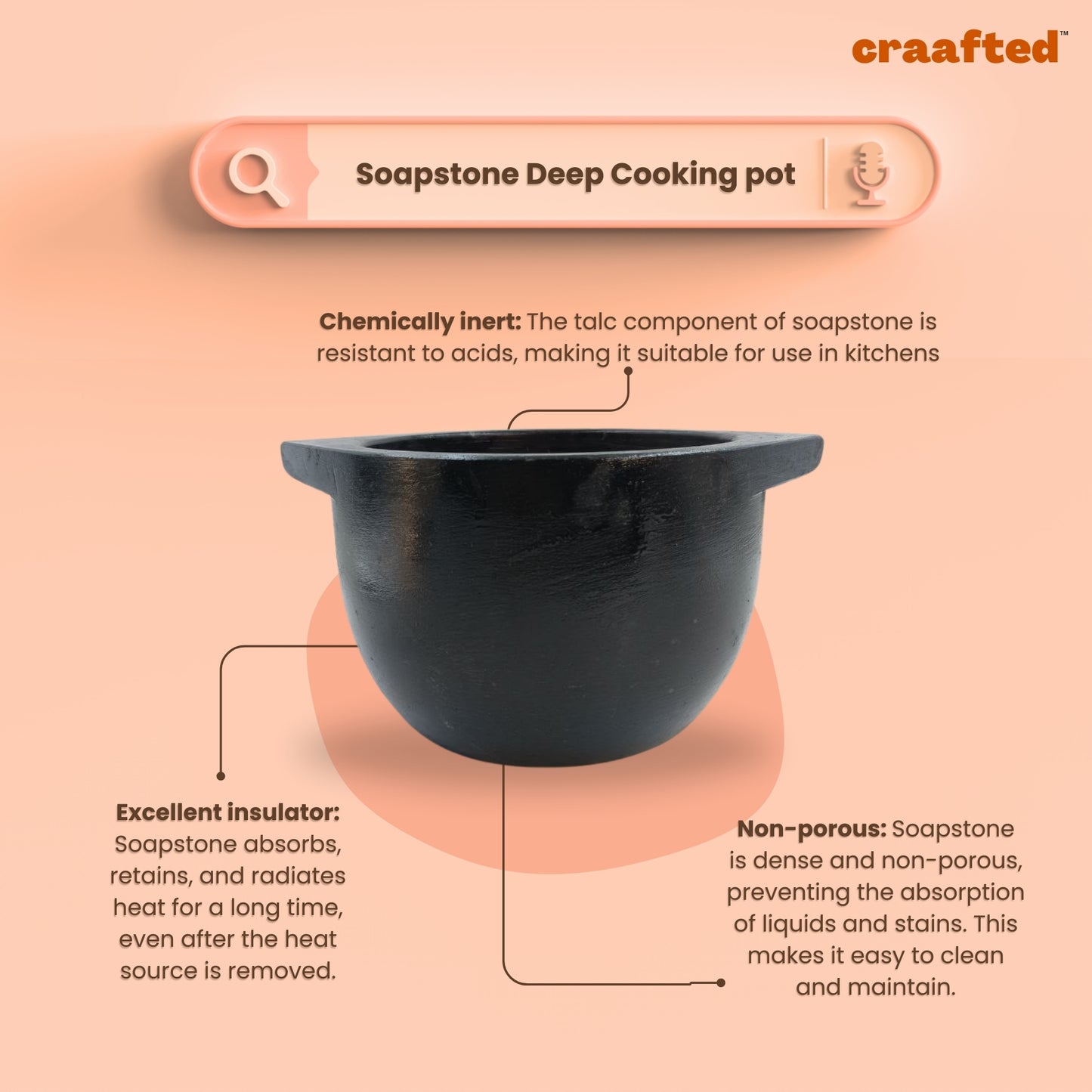 1.3 – 1.5 liter Handmade Natural Soapstone / Kalchatti | Deep Cooking Pot | Open Fire and Gas Stove Compatible | Pre-Seasoned