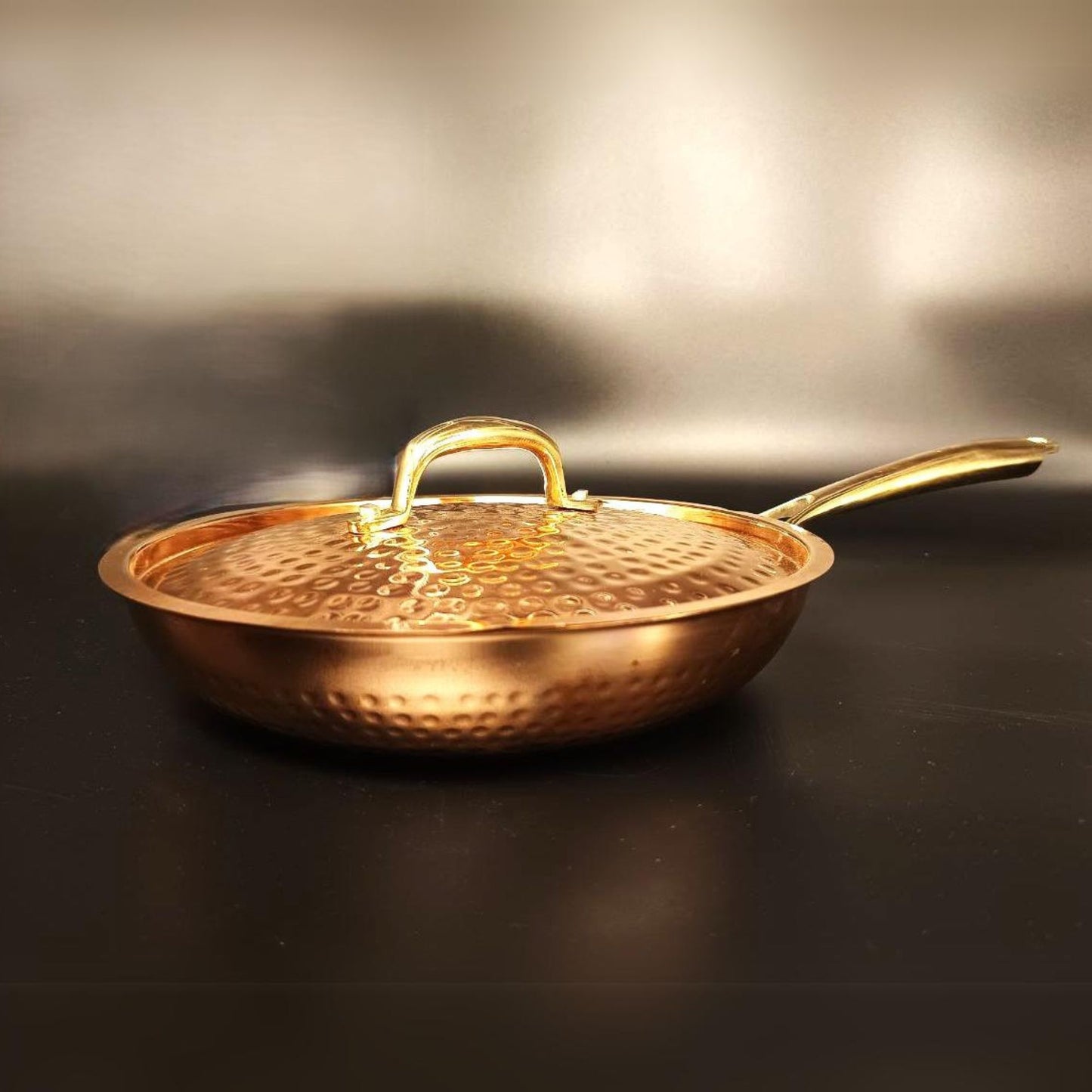 1 Liter Pure Copper Hammered Frying Pan with Tin Coating Inner Side | Kalai | with Lid.