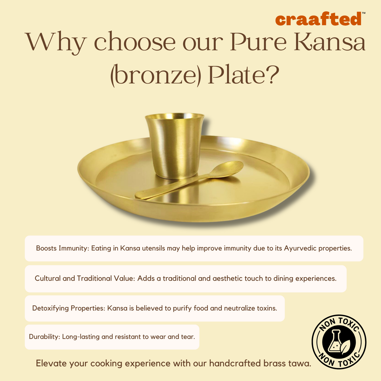 Kansa Thali Plate 12 Inch | Glass | Spoon - Matte Finish