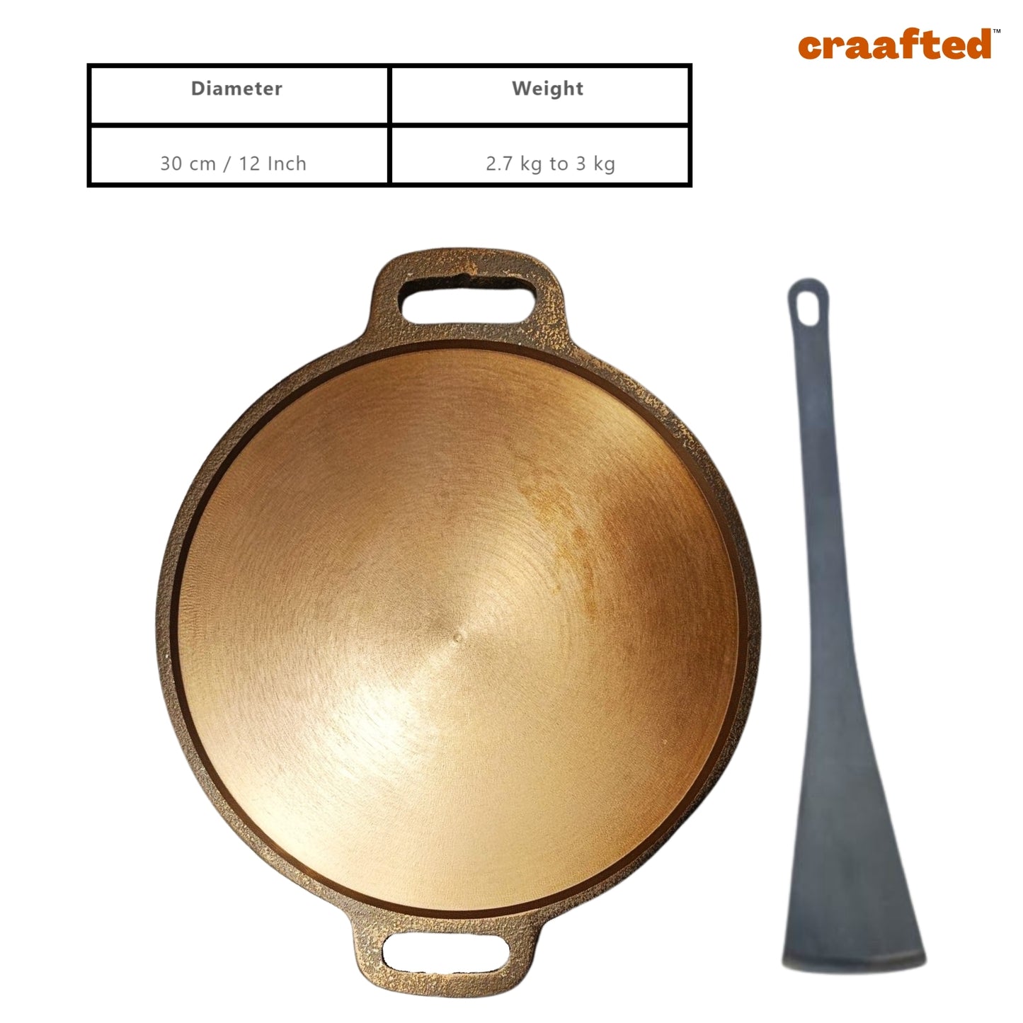 Smooth Golden Finish Cast Iron Roti/Chapati/Dosa Kallu Tawa with Iron Ladle \ 12 inch