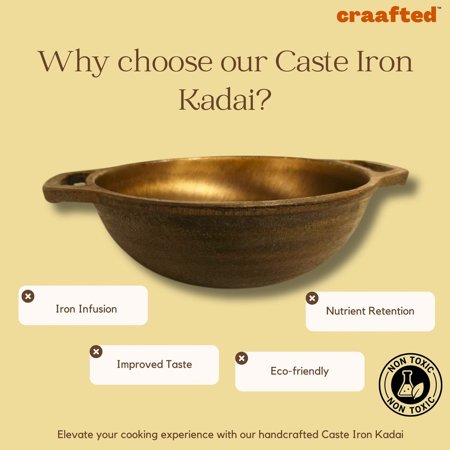 1.3 Liter Cast Iron Kadai / Kadhai 8 Inch with Double Handle