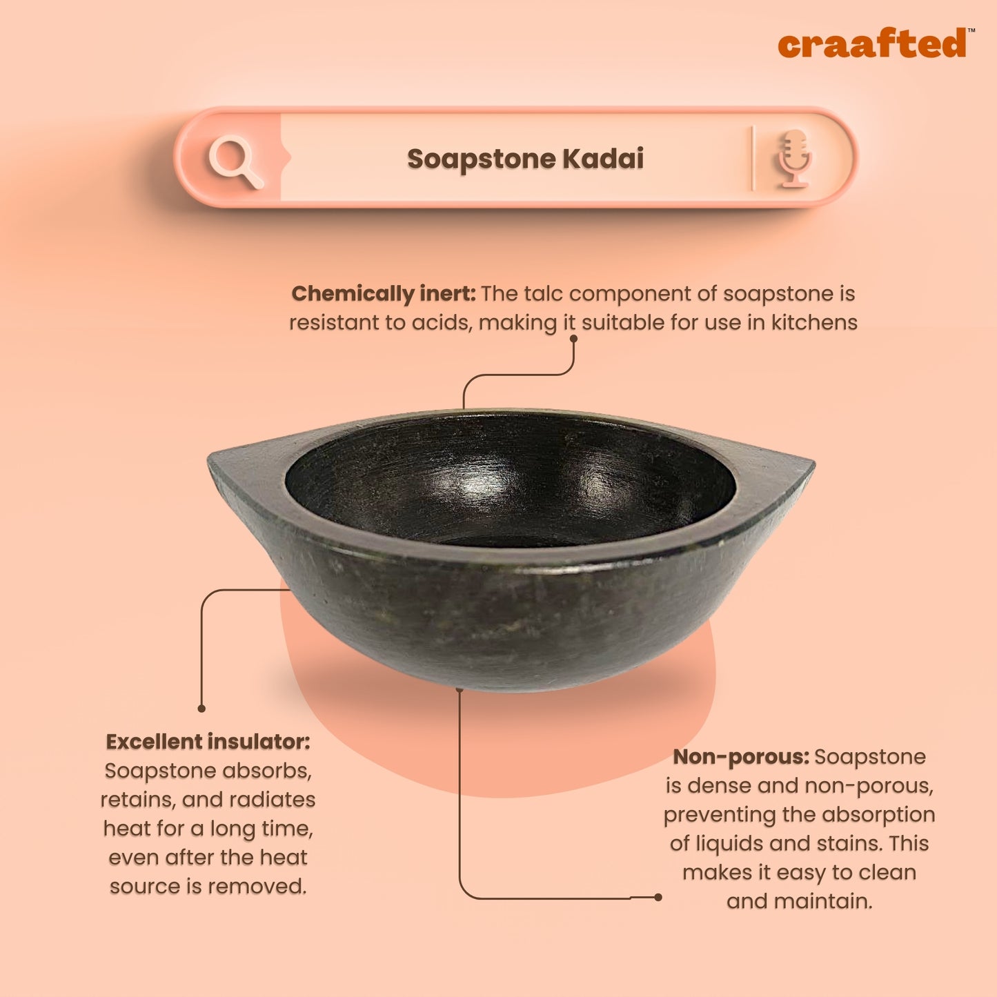 2.3 – 2.5 liter Handmade Natural Soapstone / Kalchatti | Kadhai | Open Fire and Gas Stove Compatible | Pre-Seasoned
