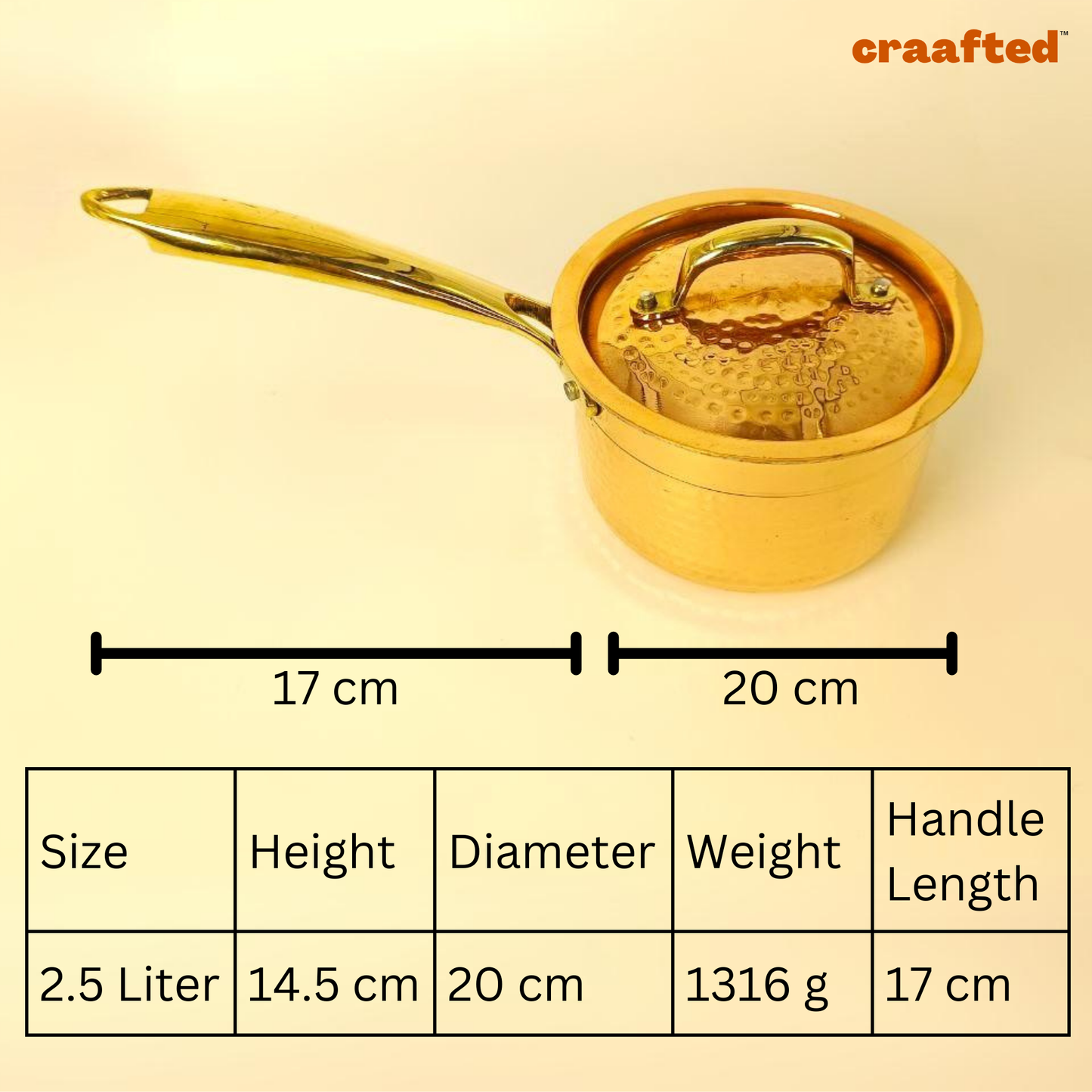 2.5 liter Pure Copper Saucepan Hammered with Tin Coating Inner Side | Kalai | with Lid.