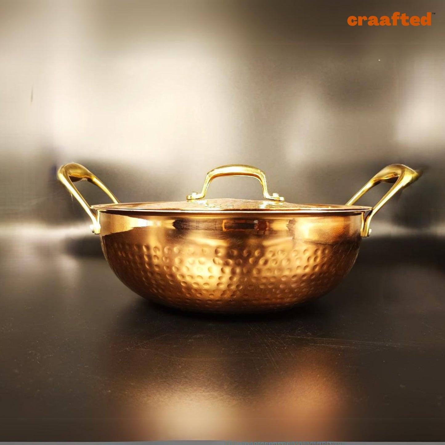 1.5 Liter Pure Copper Hammered Kadai / Kadhai with Tin Coating Inner Side | Kalai | with Lid.