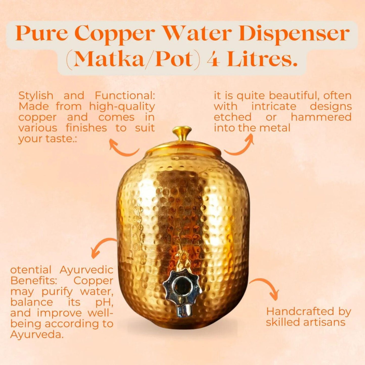 Pure Copper Water Dispenser (Matka/Pot) 4 Litres.
