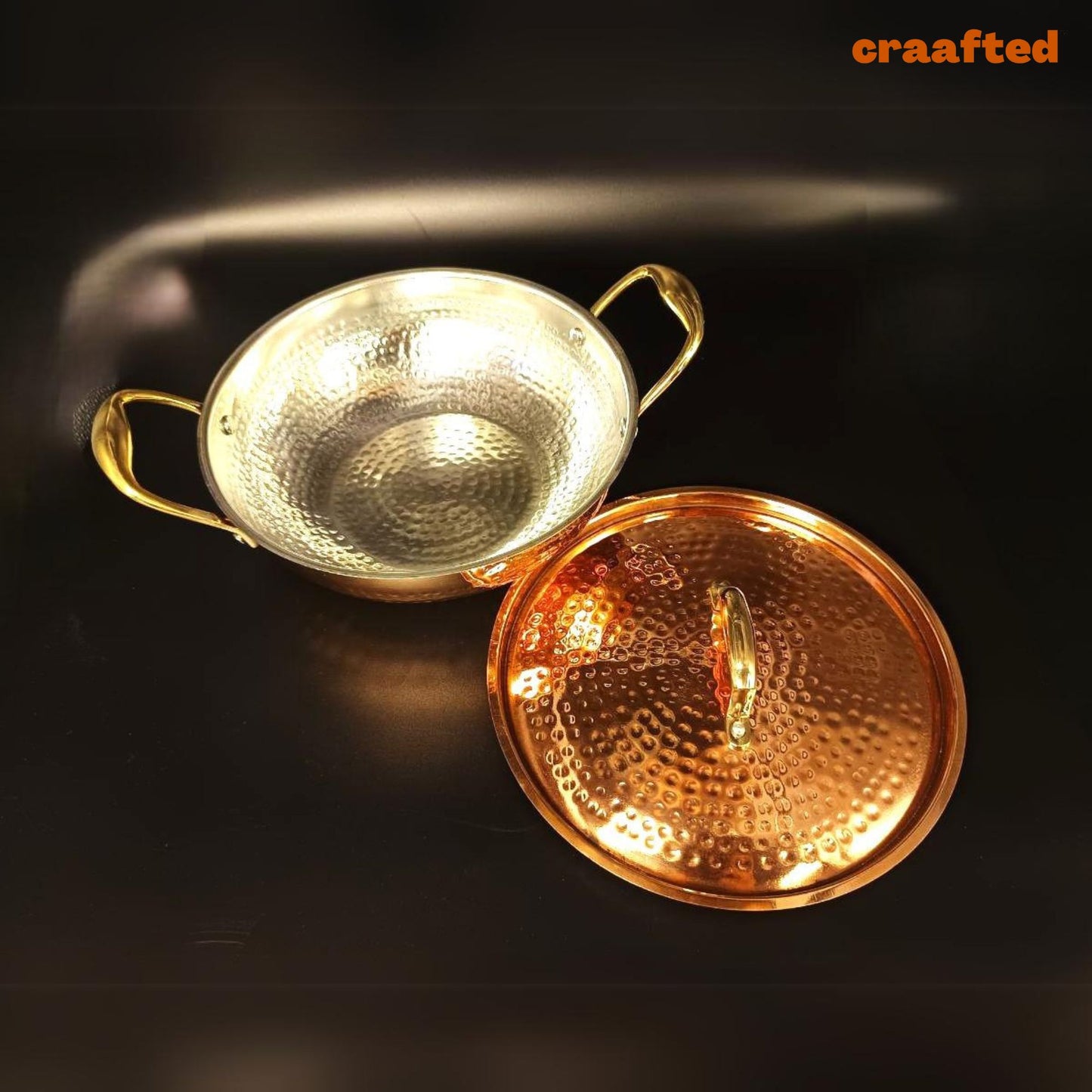 1 Liter Pure Copper Hammered Kadai / Kadhai with Tin Coating Inner Side | Kalai | with Lid.