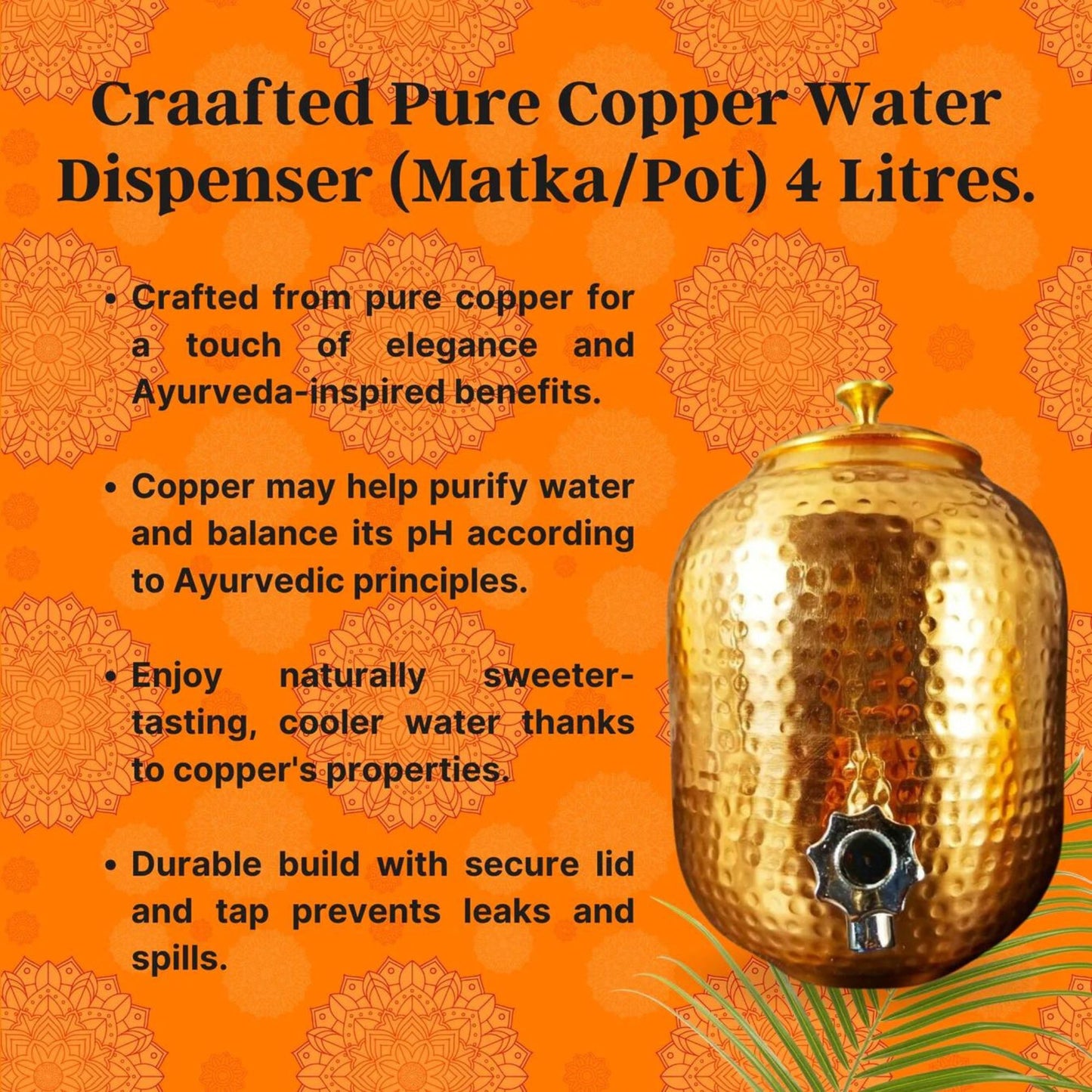 Pure Copper Water Dispenser (Matka/Pot) 4 Litres.