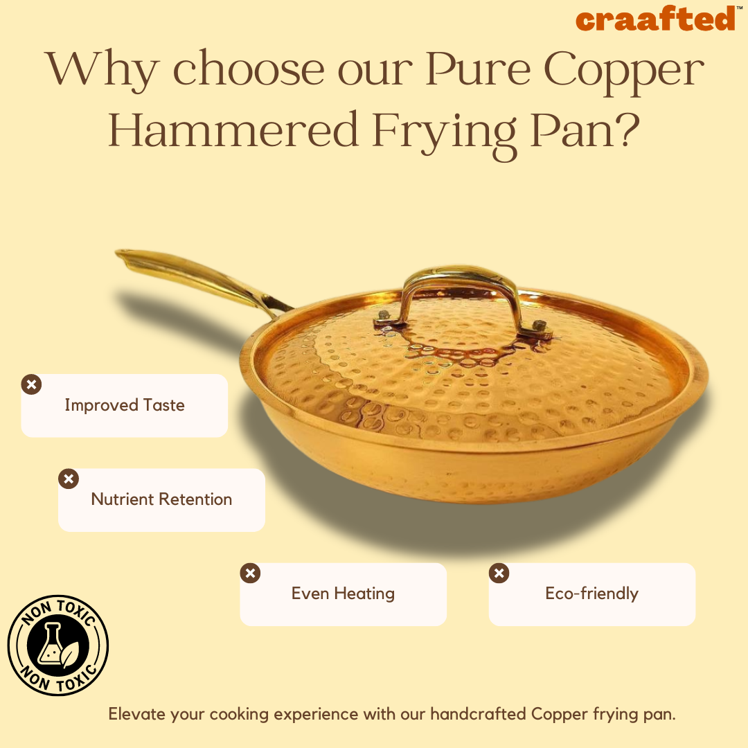 1 Liter Pure Copper Hammered Frying Pan with Tin Coating Inner Side | Kalai | with Lid.