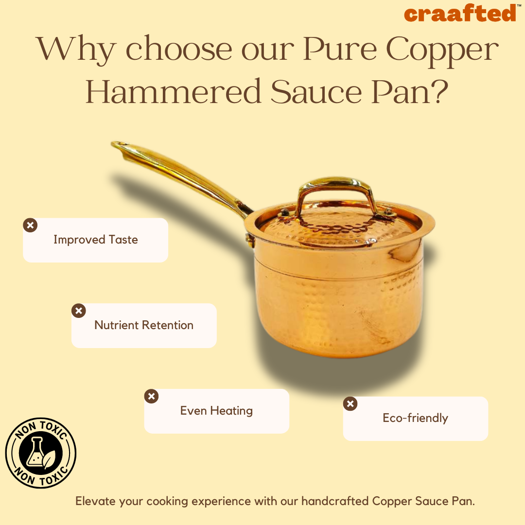 1.5 Liter Pure Copper Saucepan Hammered with Tin Coating Inner Side | Kalai | with Lid.