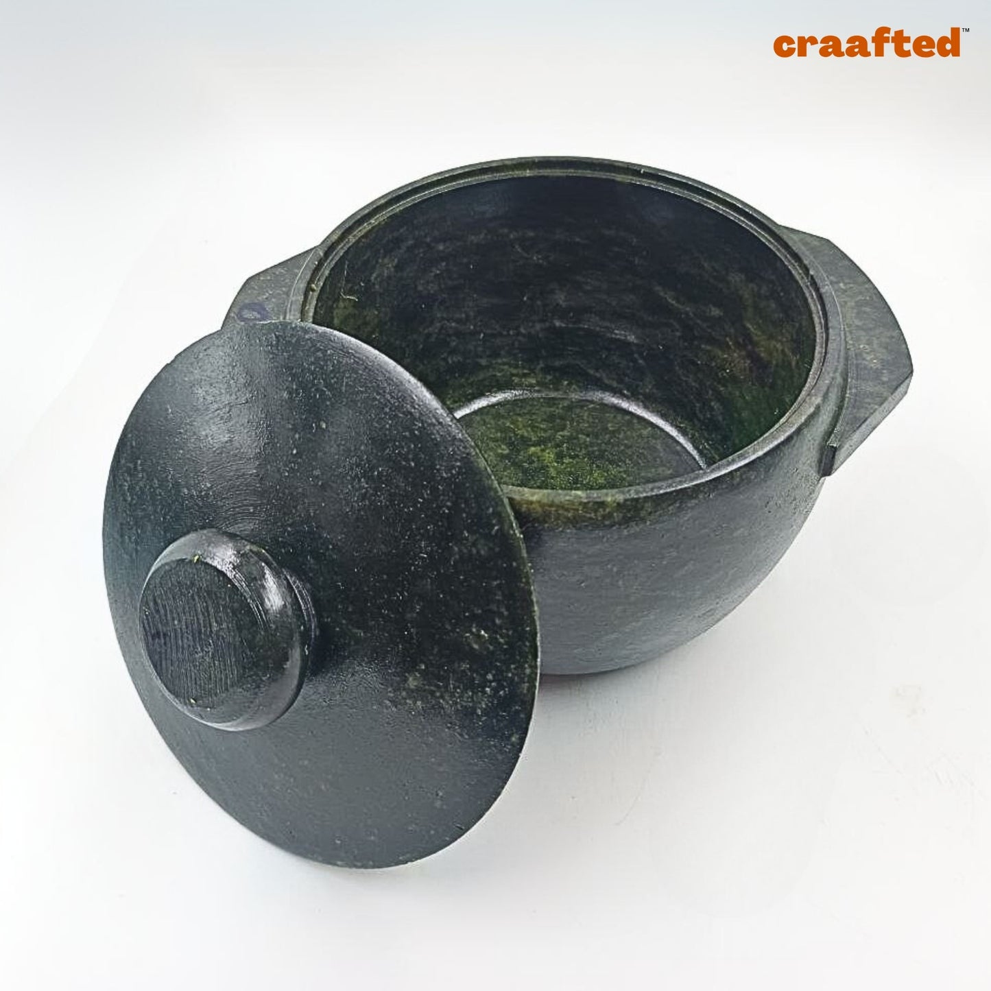 2.3 – 2.5 liter Cook & Serve Pot Handmade Natural Soapstone / Kalchatti | Open Fire and Gas Stove Compatible | Pre-Seasoned | With Lid