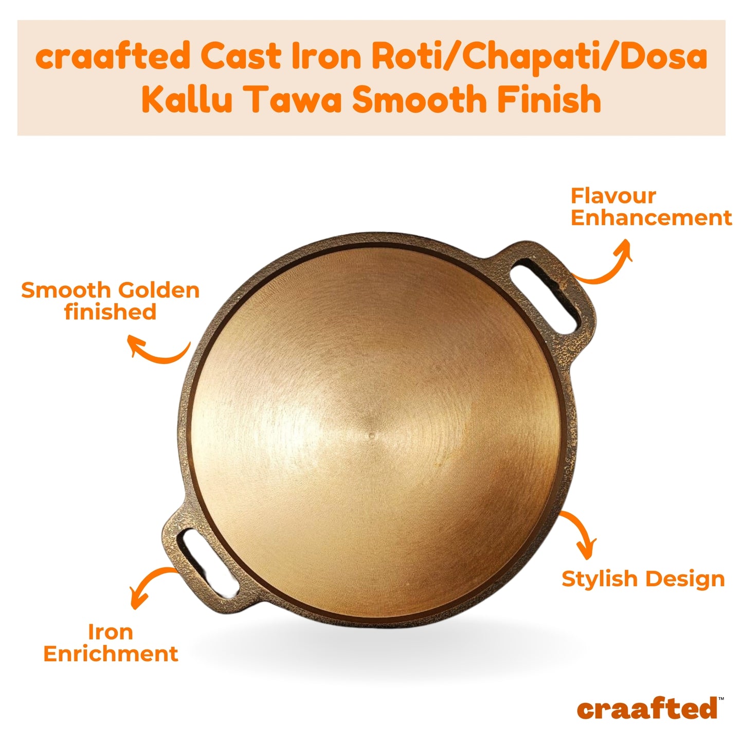 Smooth Golden Finish Cast Iron Roti/Chapati/Dosa Kallu Tawa with Iron Ladle \ 12 inch