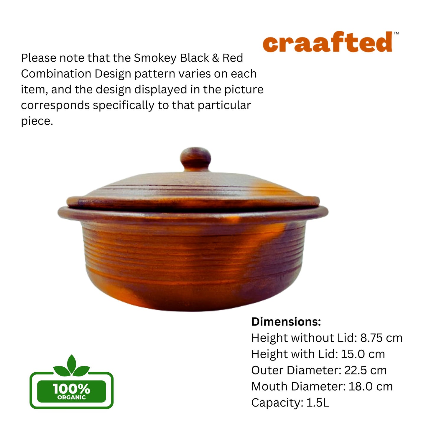 1.5 Liter Premium Handcrafted Clay Pan / Handi with Lid for Cooking and Serving. Color: Black