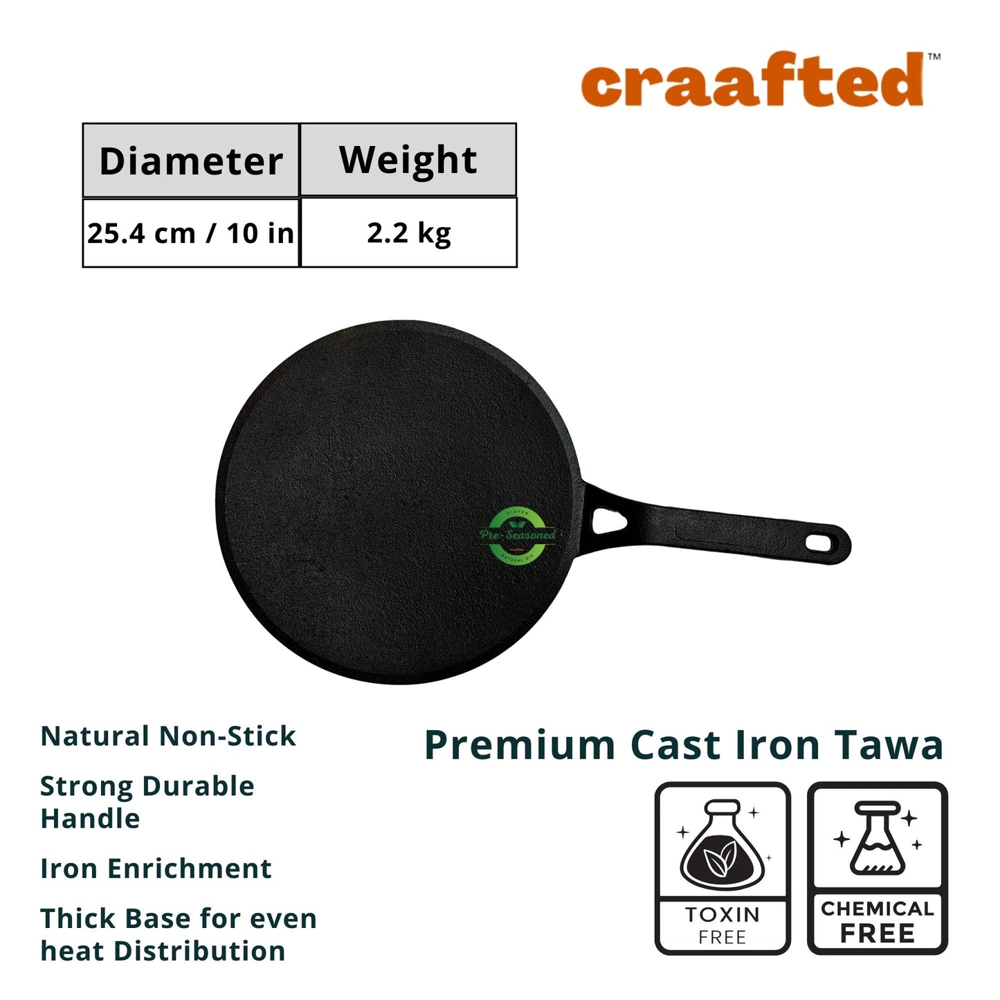 Cast Iron Tawa for Dosa / Chapathi | 25.4 cm / 10 inch, 2.2 kg | Induction Friendly | Non-stick, Pre-Seasoned Tawa