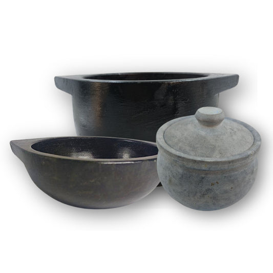 Combo 1.6 – 1.8 Liter Handmade Natural Soapstone / Kalchatti | Deep Cooking Pot + 1.6 - 1.8 Liter Kadhai + 700 - 800 ML Curd Pot | Pre-Seasoned