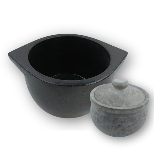 Combo 2.3 – 2.5 Liter Handmade Natural Soapstone / Kalchatti | Deep Cooking Pot + 900 ML – 1 Liter Curd Pot | Pre-Seasoned